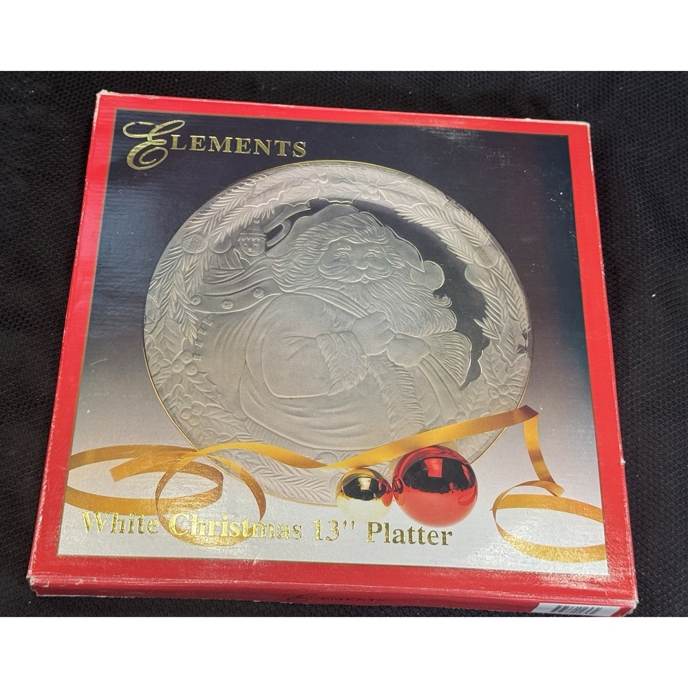 White Christmas Platter By Elements Gold Rim 13" Round Clear‎ and Frosted Santa